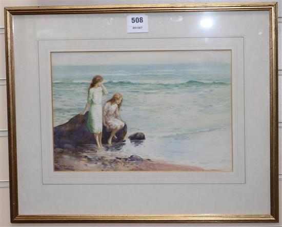 H P Barsley Girls by the shore, watercolour 23 x 34cm